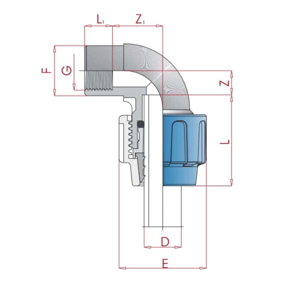 Racord țeavă PP PE 90° cot 20 x 3/4" IG-0