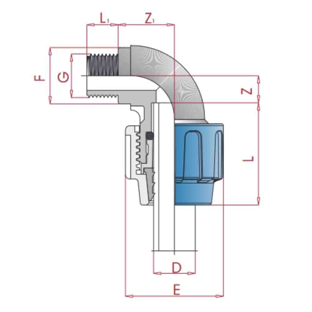 Racord țeavă PP PE 90° cot 20 x 1/2" AG-0