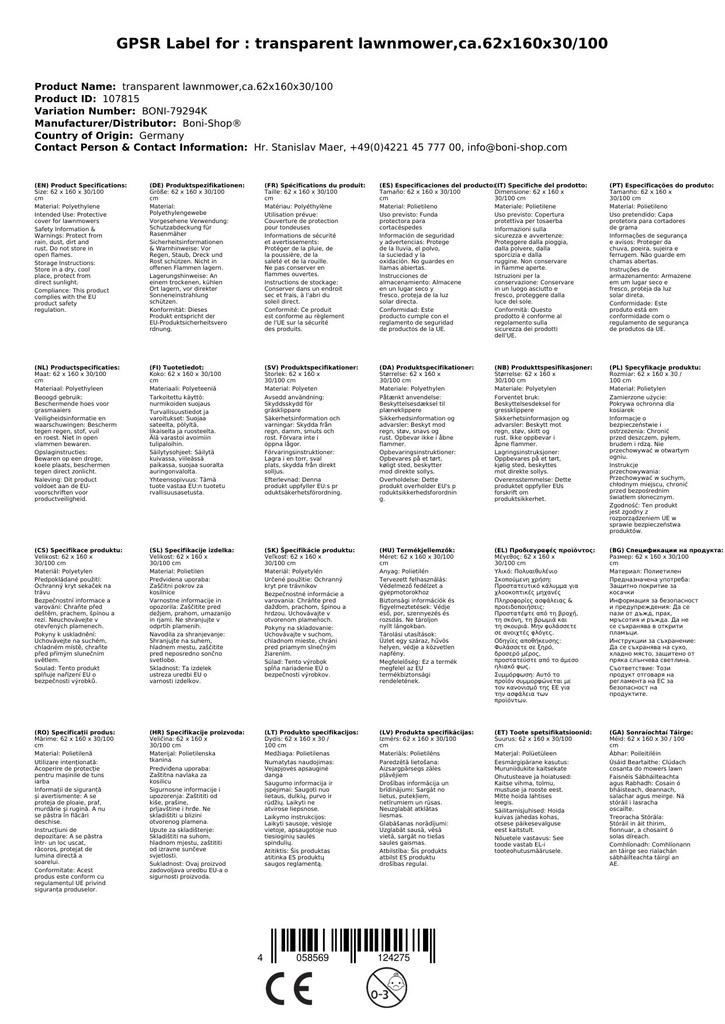 Husă de protecție transparentă pentru mașină de tuns iarba, aprox. 62x160x30/100-0