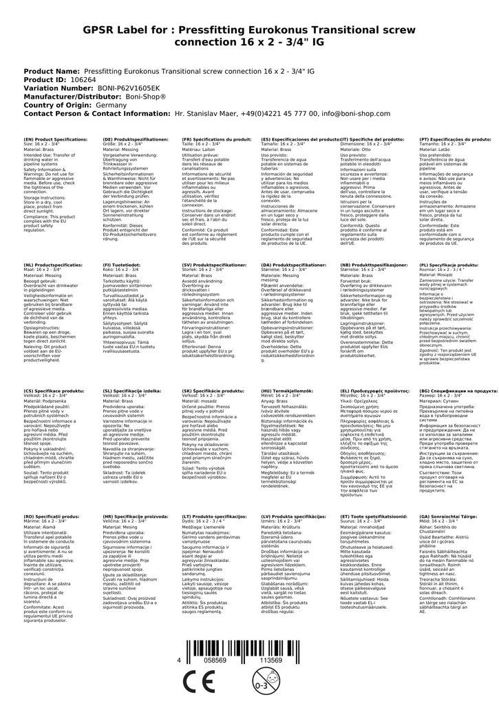 Racord de tranziție Euroconus pentru presare 16 x 2 - 3/4" IG-3