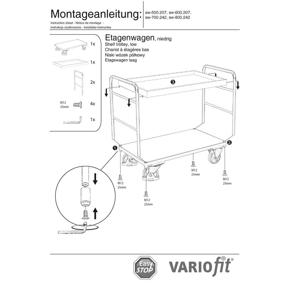 Carucior etajat cu 1 tavă + 1 bază 250 kg Tip S + EasySTOP-1