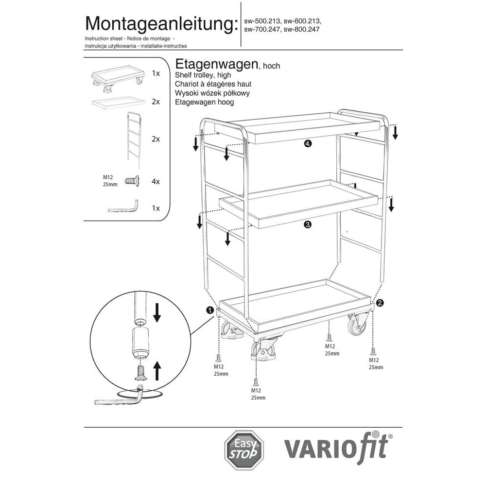 Carucior etajat inalt cu 3 tăvi capacitate 250 kg Tip S + EasySTOP-1