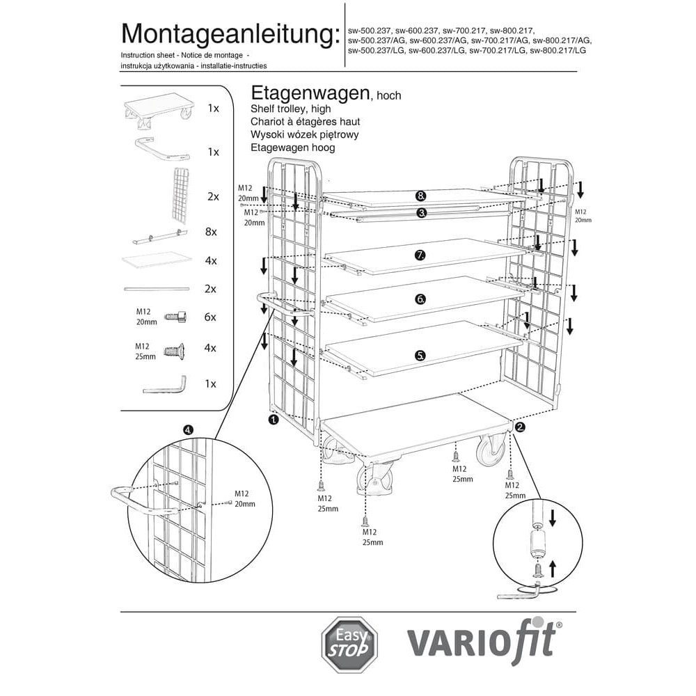 Cărucior de pachete înalt cu 2 pereți de sârmă + 5 rafturi 400 kg capacitate tip S + EasySTOP-0