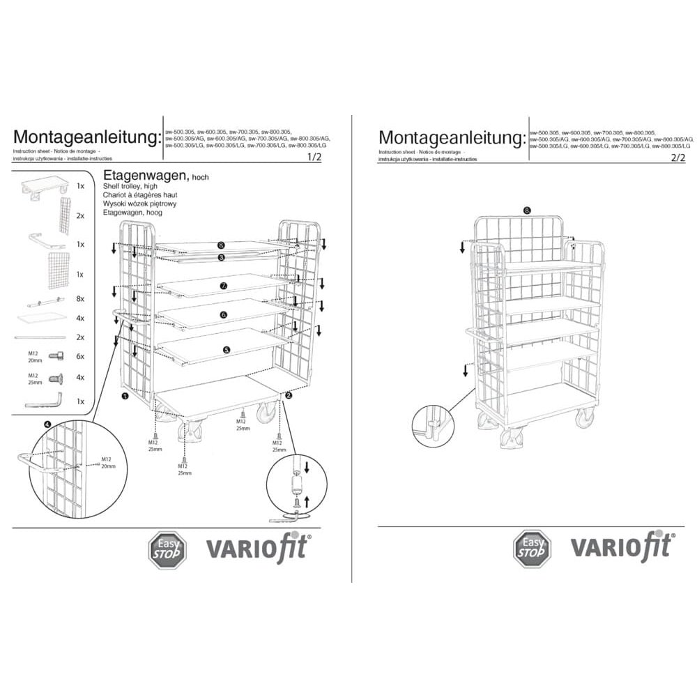 Cărucior pachet cu trei pereți înalt cu 5 rafturi 400 kg capacitate de încărcare Tip S + EasySTOP-0