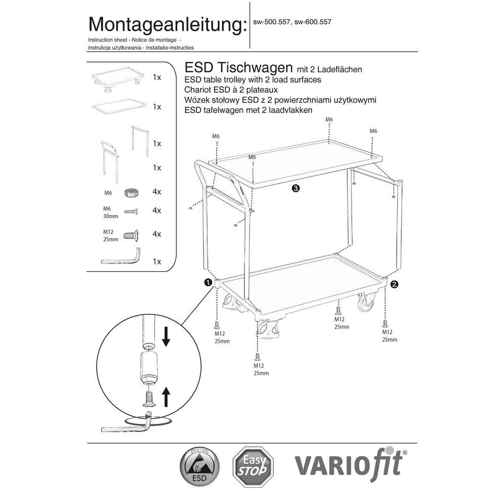 ESD cărucior de masă cu 2 platforme Tip M + EasySTOP-0