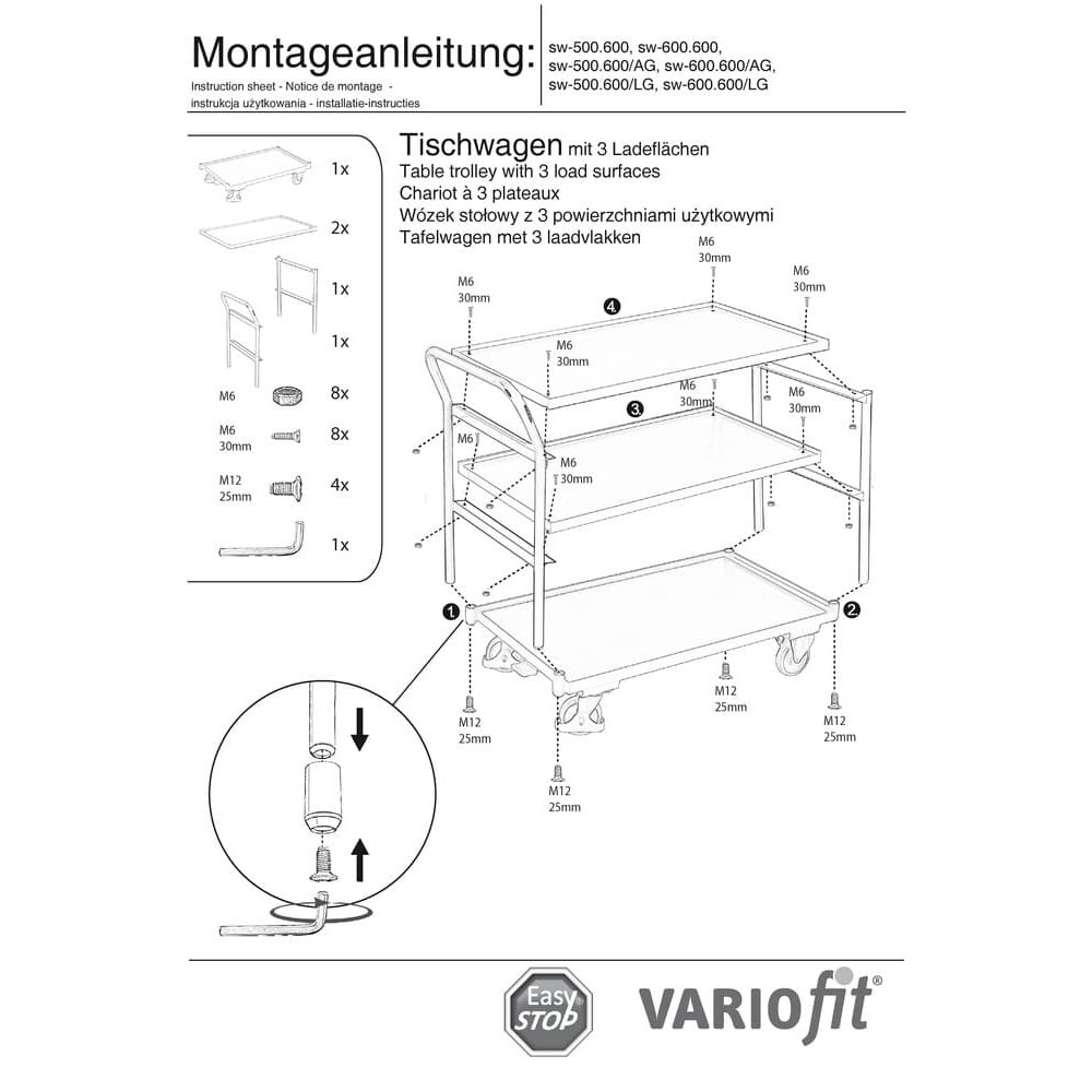 Carucior de masă 250 kg cu 3 platforme mâner înalt Tip M + EasySTOP-0