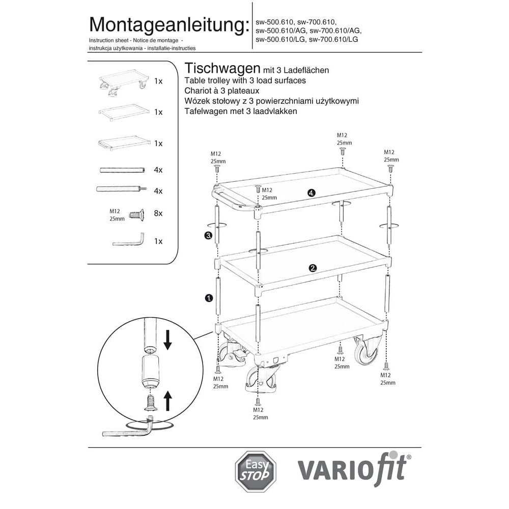 Cărucior de masă cu 3 nivele, margine de tavă 40 mm înălțime + EasySTOP-1