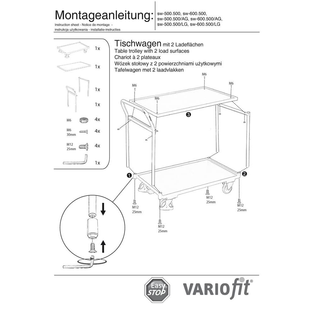 Cărucior de masă 250 kg cu 2 suprafețe de încărcare mâner de împingere înalt Tip L + EasySTOP-0