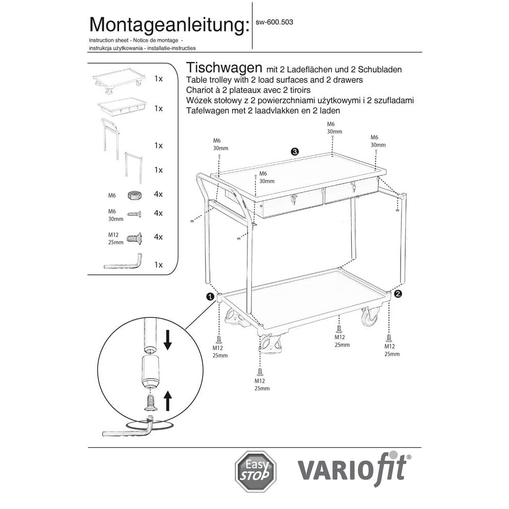 Cărucior de masă 250 kg cu 2 sertare blocabile, mâner înalt + EasySTOP-0