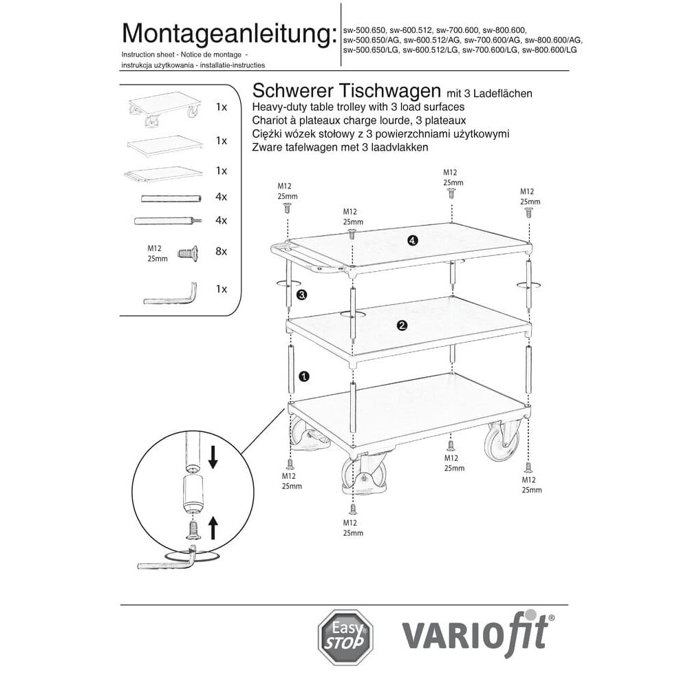 Cărucior greu de masă 500 kg cu 3 platforme tip M + EasySTOP-0