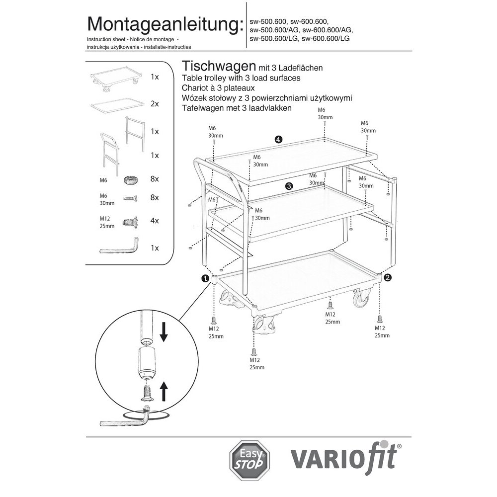 Carucior de masă 250 kg cu 3 suprafețe de încărcare mâner de împingere înalt Tip L + EasySTOP-0