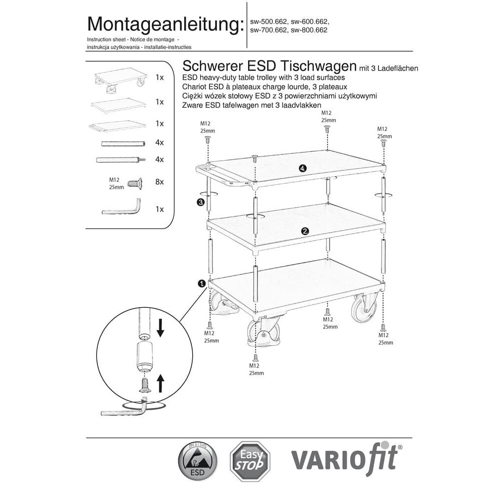 Cărucior de masă ESD greu cu 3 suprafețe de încărcare Tip M + EasySTOP-0