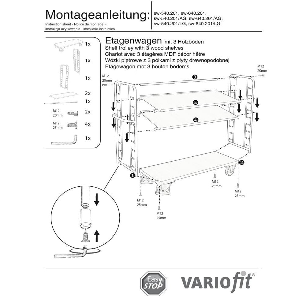 Carucior cu etajere cu 3 polițe 400 kg Tip L + EasySTOP-0