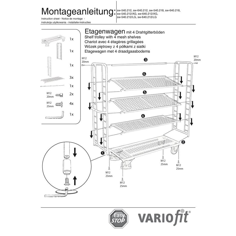 Carucior etajat cu 4 rafturi din plasa de sarma acoperite cu pulbere 400 kg Tip L + EasySTOP-1