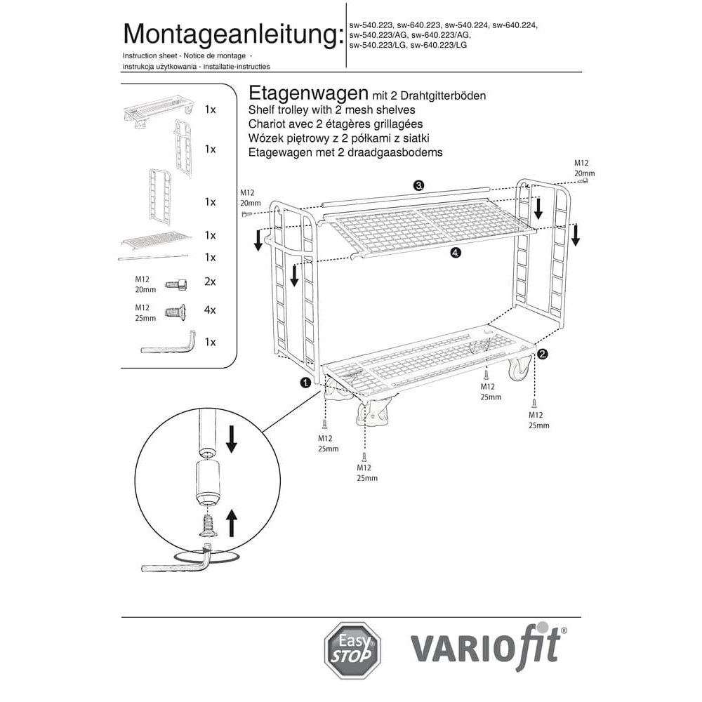 Cărucior cu platformă cu 2 rafturi de sârmă zincate capacitate 400 kg Tip L + EasySTOP-0