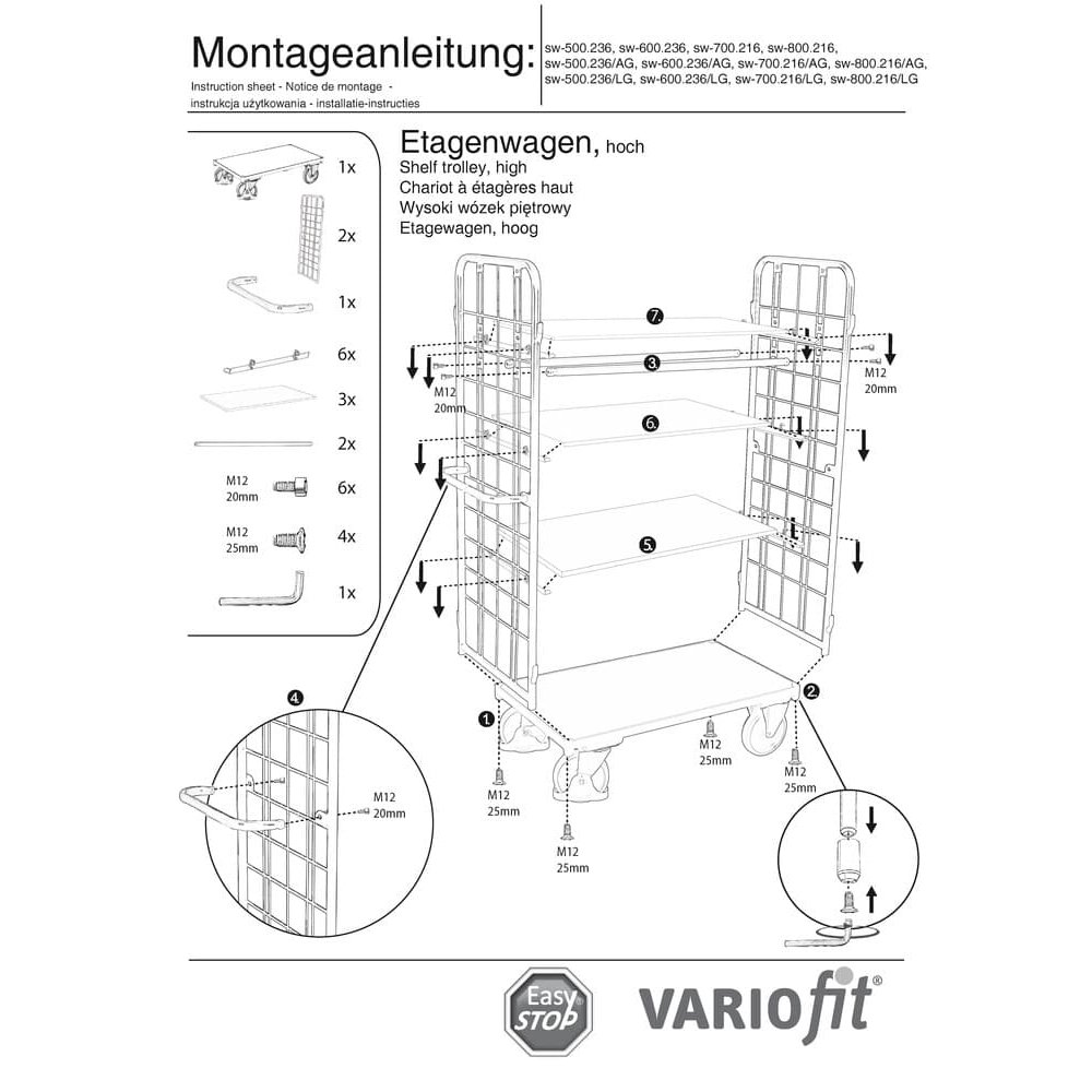 Carucior inalt cu 2 pereti de grila + 4 rafturi 500 kg capacitate de incarcare Tip L + EasySTOP-1