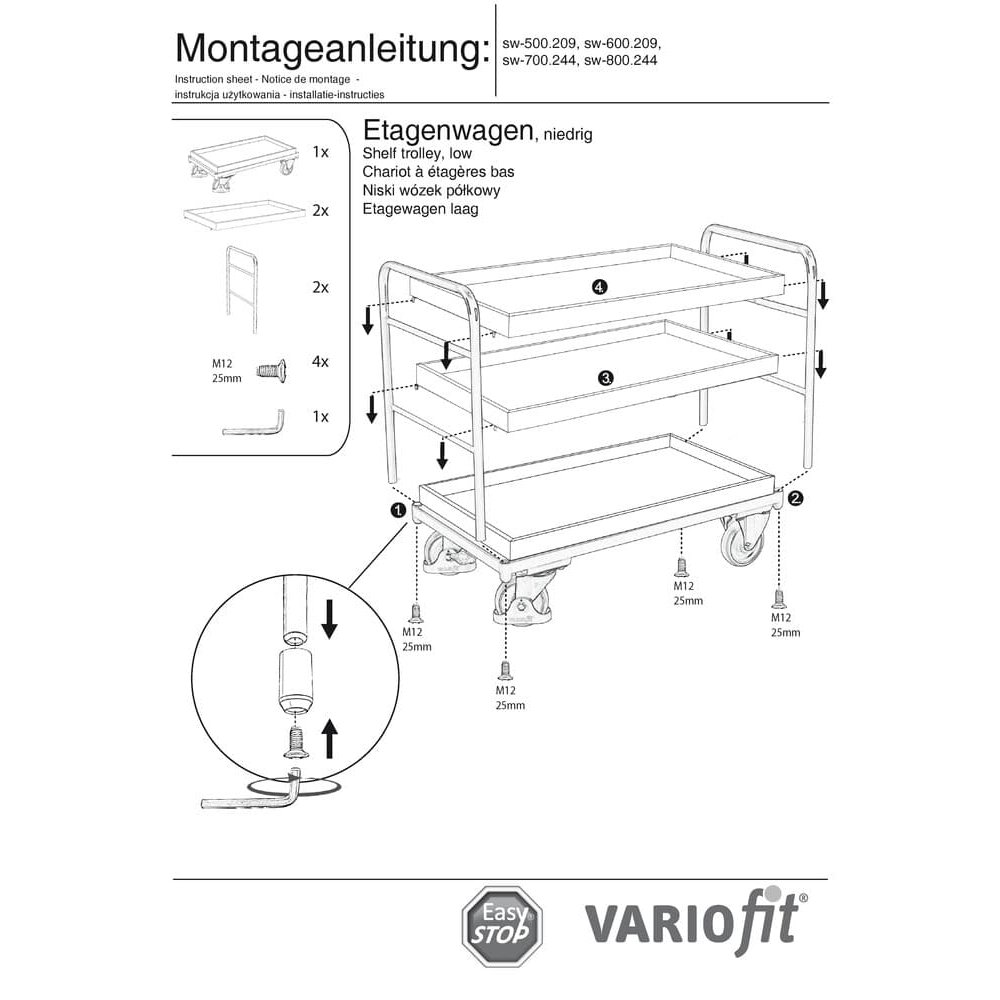 Cărucior cu etaje cu 3 tăvi 250 kg capacitate de încărcare tip L + EasySTOP-0