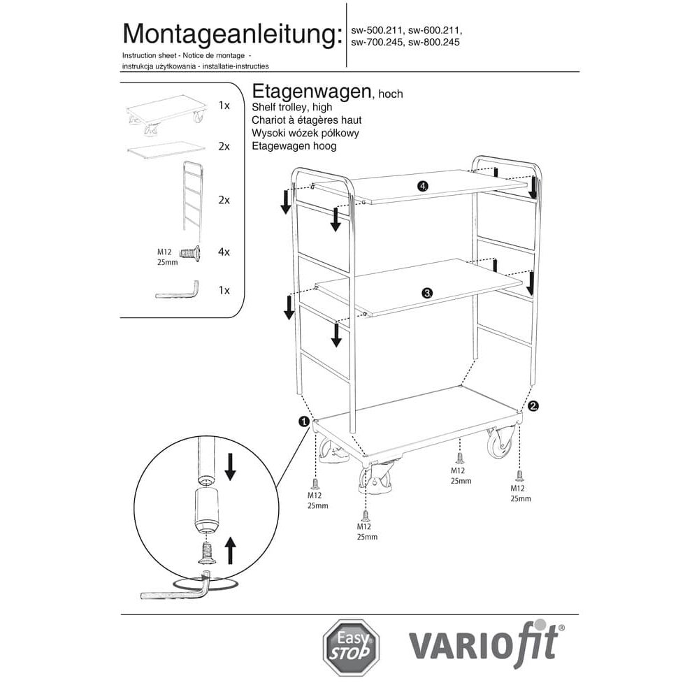 Cărucior cu etaje înalt 5 rafturi capacitate de încărcare 250 kg Tip L + EasySTOP-1