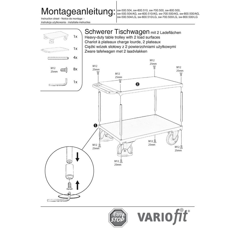 Carucior de masă greu 500 kg cu 2 platforme Tip L + EasySTOP-0