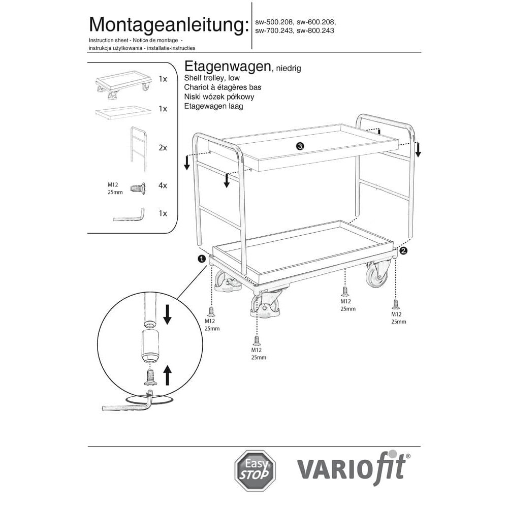 Carucior cu rafturi cu 2 tăvi 250 kg capacitate de încărcare tip XL + EasySTOP-1