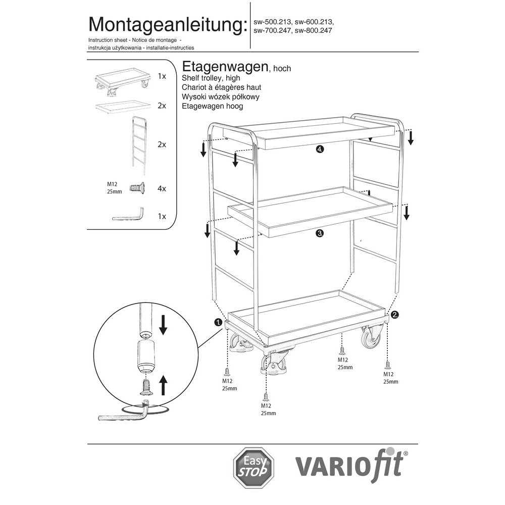 Carucior pe etaje înalt 3 tăvi 250 kg sarcină maximă Tip XL + EasySTOP-1