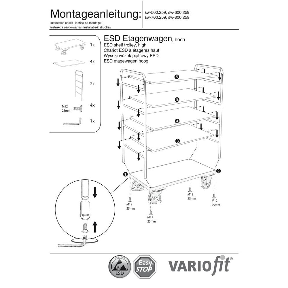 Cărucior înalt ESD cu 5 rafturi model XL + EasySTOP-0