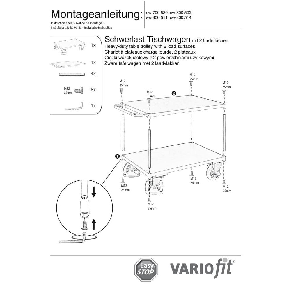 Cărucior greu de masă 1000 kg cu 2 platforme de tip M + EasySTOP-0