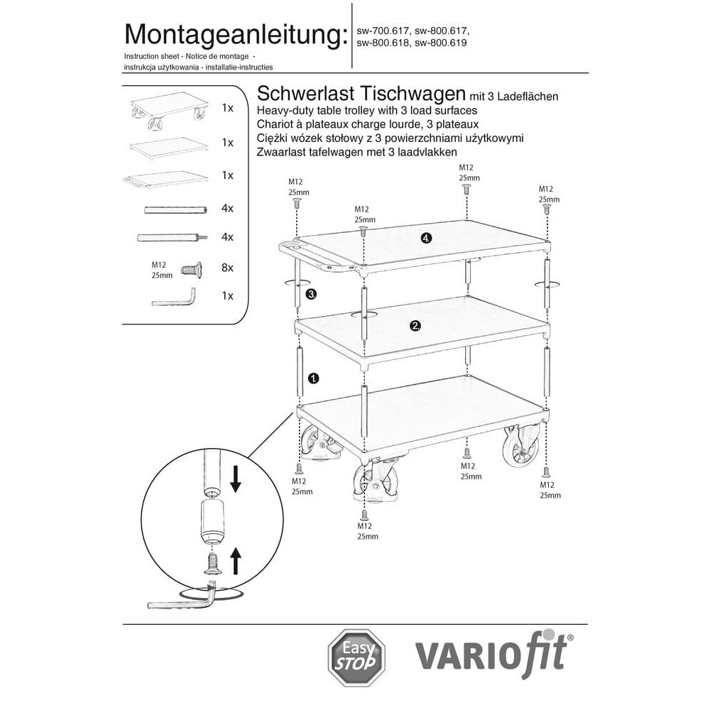 Cărucior de masă greu 1000 kg cu 3 platforme Tip M + EasySTOP-0