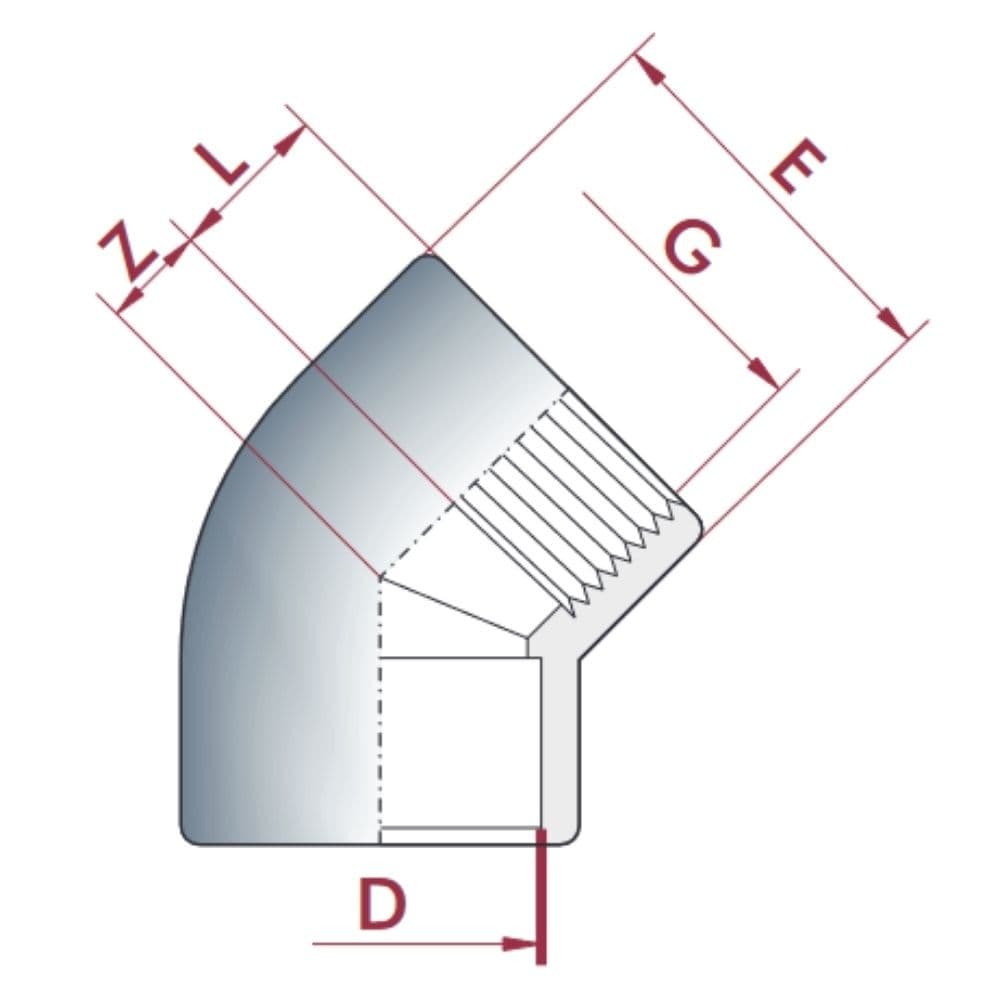 PVC-U Cot 45° Muffa x IG 20 mm x 1/2"PN10-0