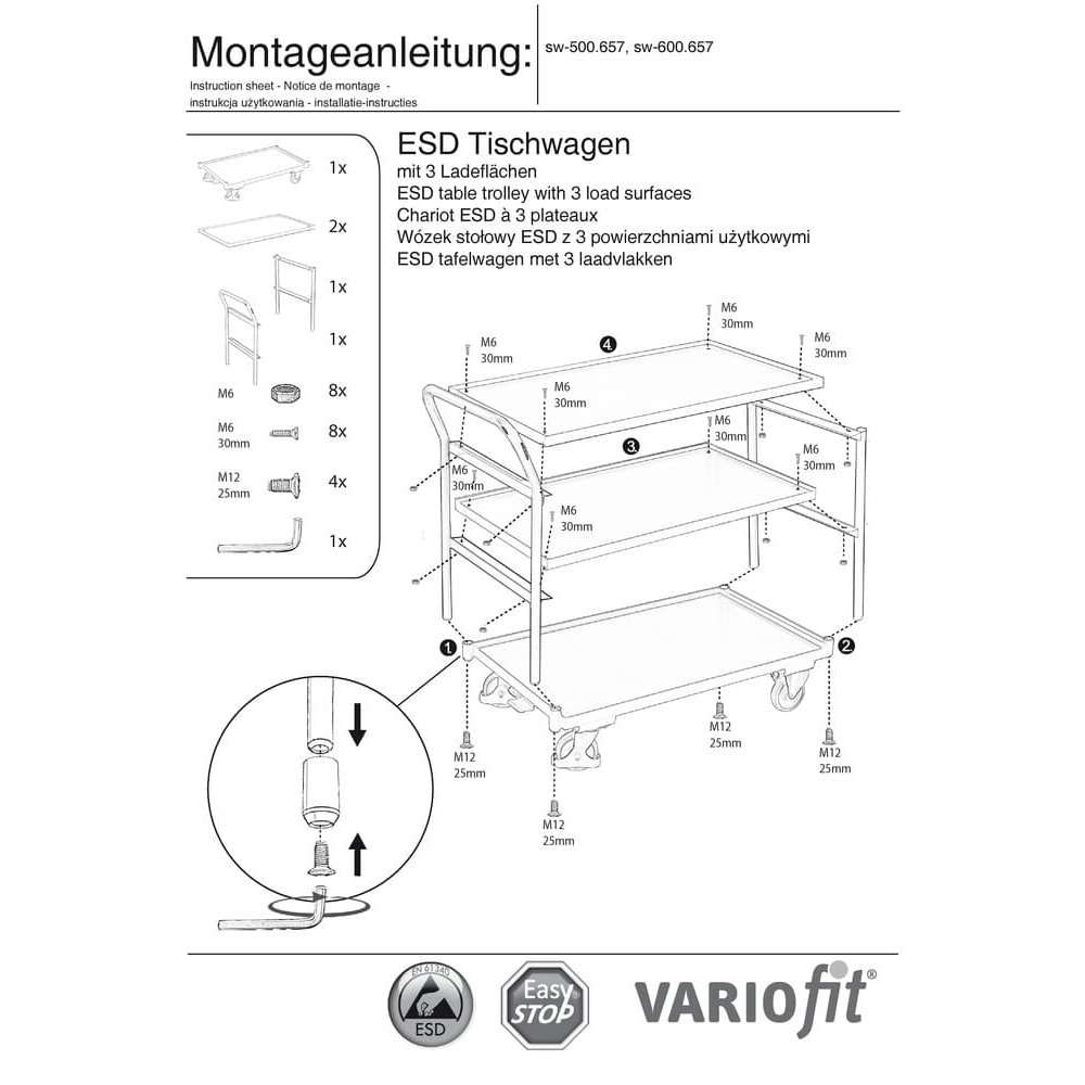 ESD cărucior de masă cu 3 suprafețe de încărcare tip M + EasySTOP-0