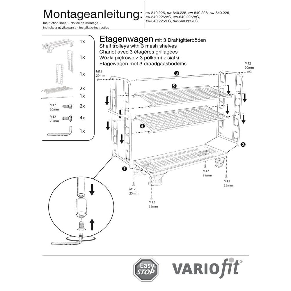 Cărucior cu 3 rafturi din plasă de sârmă acoperit cu pulbere, sarcină maximă 250 kg Tip M + EasySTOP-0