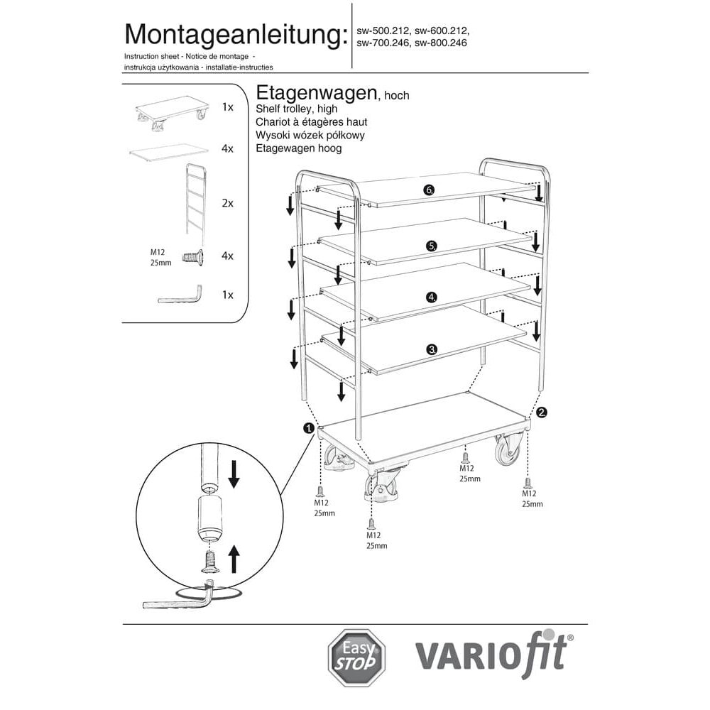 Cărucior etajat înalt cu 5 rafturi 250 kg capacitate maximă Tip M + EasySTOP-0