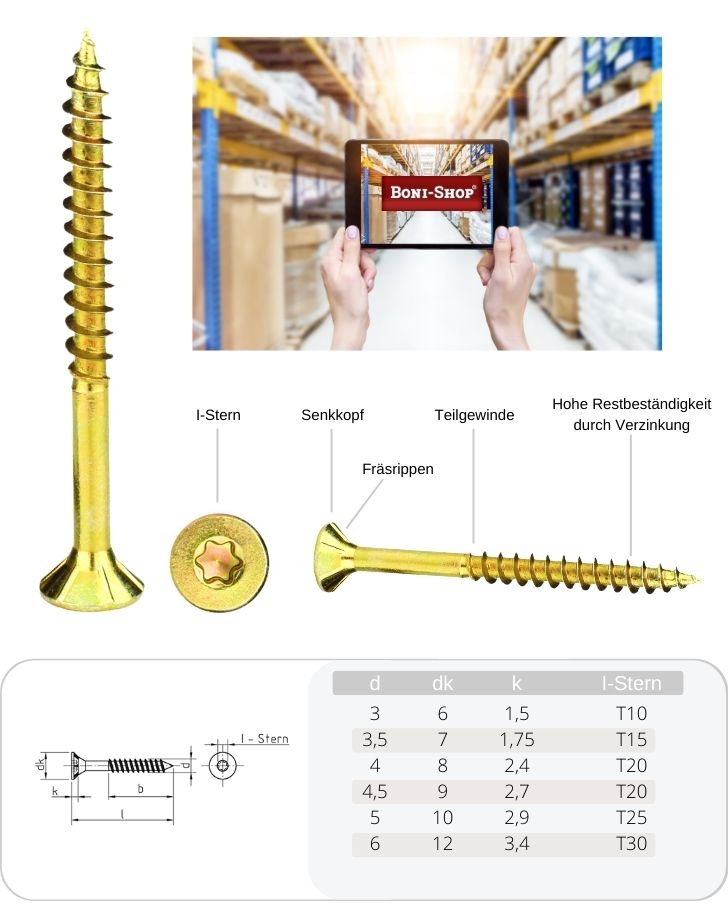 Șuruburi pentru plăci aglomerate 3,0 x 45 mm 1000 bucăți cu stea I, cap înecat, filet parțial și nervuri de frezare sub cap-4